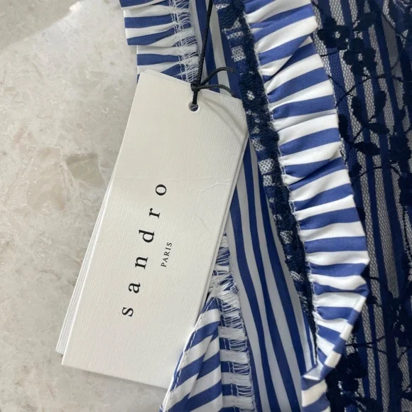 NWT SANDRO Dress Blue White Striped Cotton Lace Back "Gana" - Picture 4 of 13